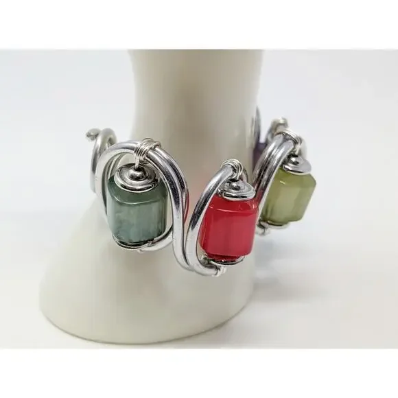 Silver Tone Color Bead Wire Wrapped Chunky Cuff Bracelet - Picture 2 of 5